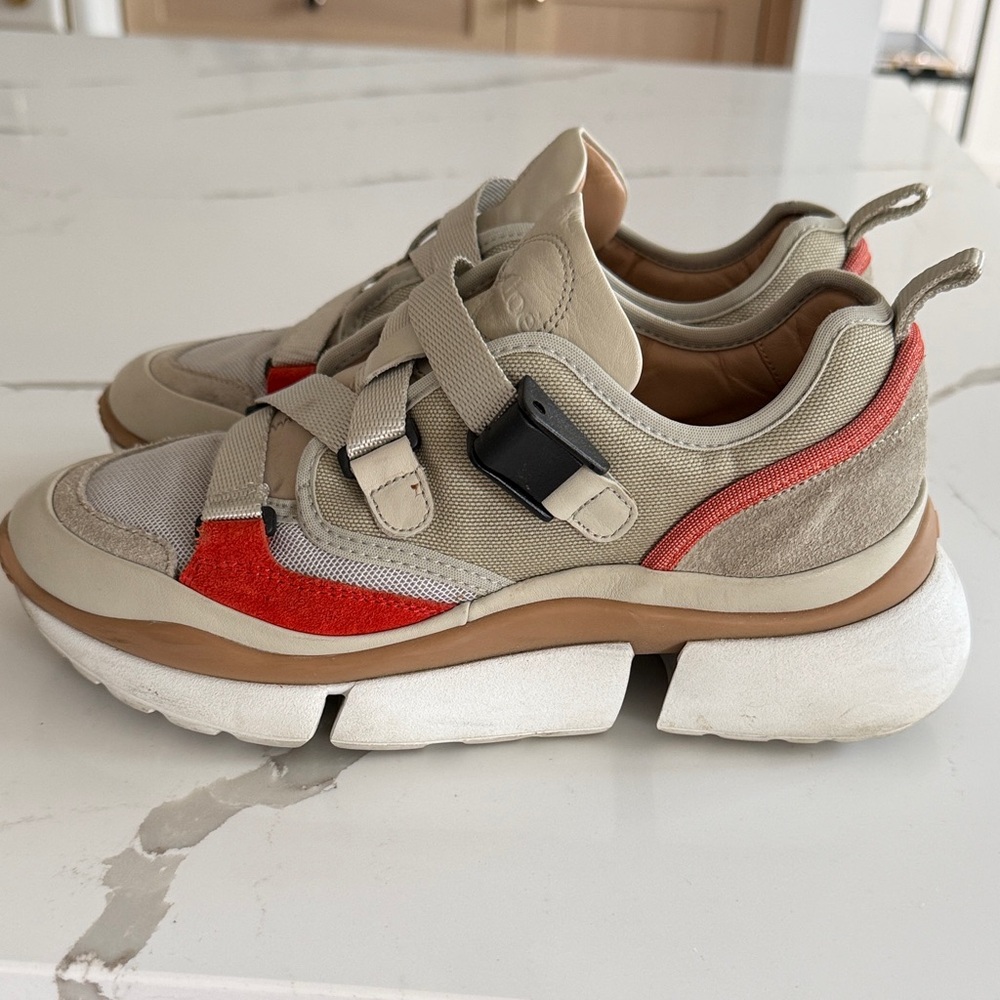Chloé Beige and Red Suede-Trim Sneakers